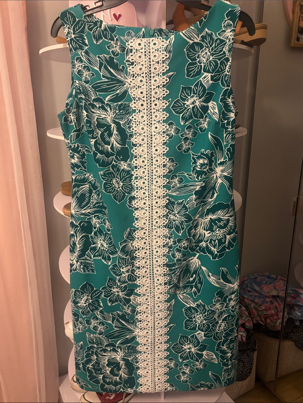 Sleeveless Teal Floral Shift Dress with Cream Lace Trim